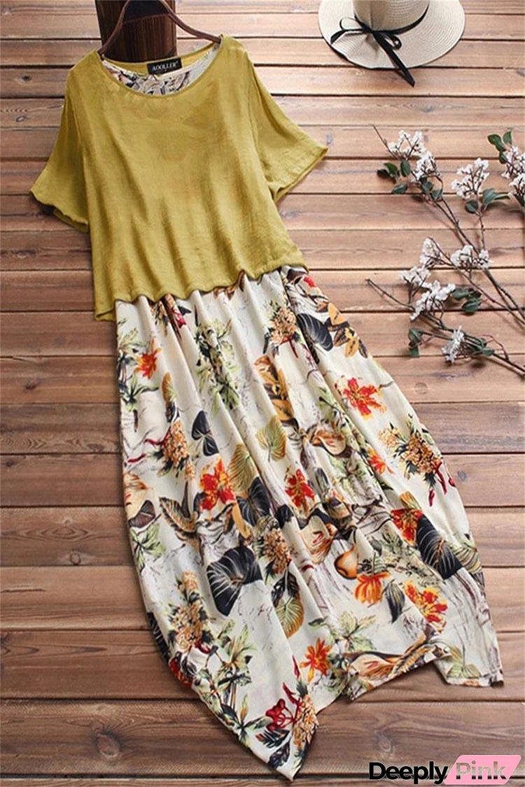 Floral Print Round Neck Short Sleeves Maxi Two Piece Dress