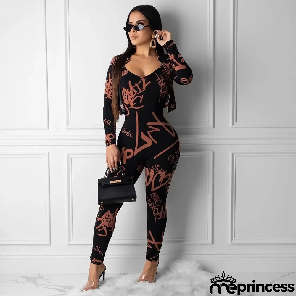 Trendy Printing Casual Two-piece Jacket + Jumpsuit
