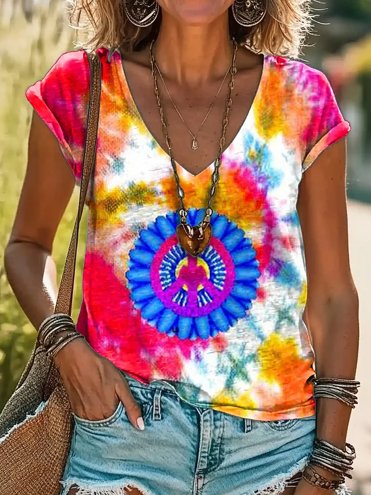 Women's Peace Sign Tie Dye Print 100%Cotton V-neck T-Shirt