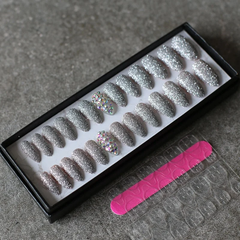 Art design Glitter powder fake nails red pink 26pcs Stiletto Full crystal diamond false nails wedding nails-Nail Inspo