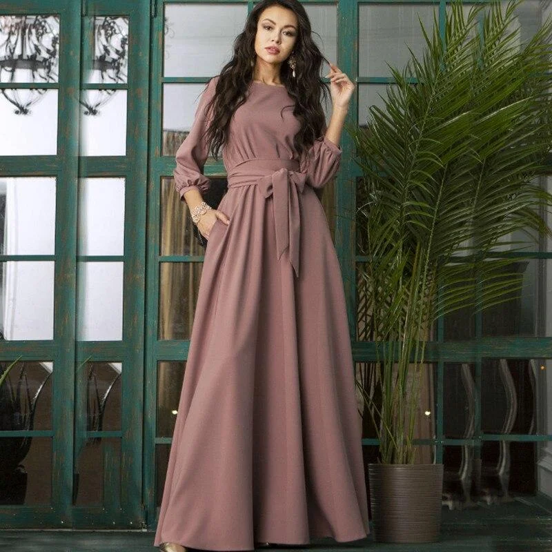 2023 Sping Autumn Vintage Solid Lantern Sleeve Maxi Long Dress Ladies O Neck Elegant Party Dress Women Casual Bow Sashes Dress