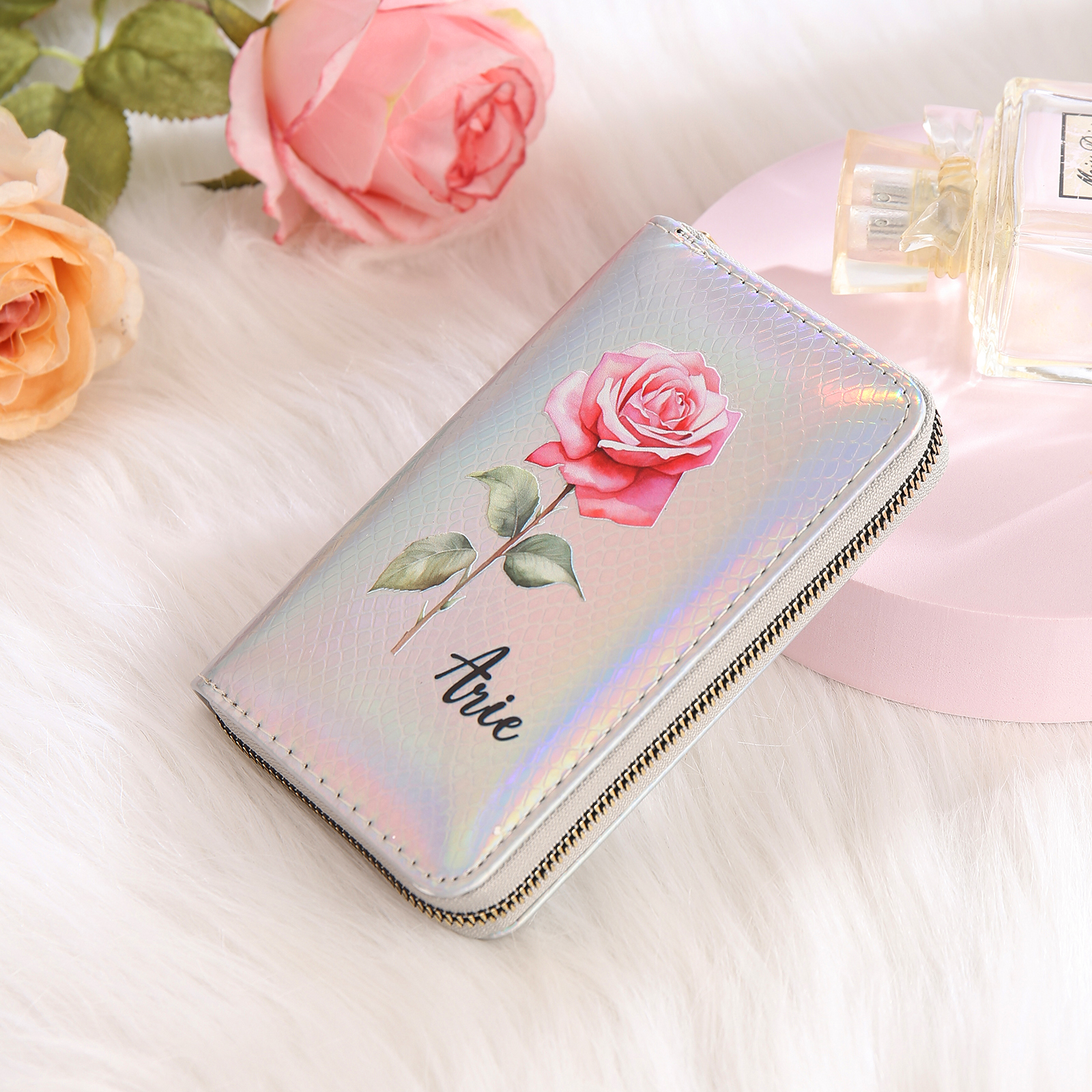 Portafoglio in PU pelle con 1 fiore di nascita & 1 nome personalizzati per mamma/nonna