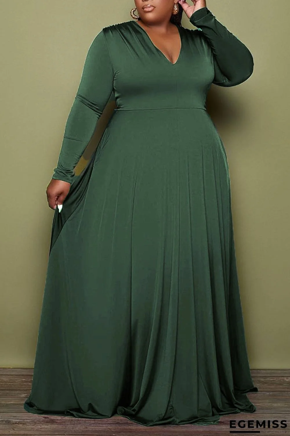 Ink Green Casual Elegant Solid Patchwork V Neck A Line Plus Size Dresses | EGEMISS