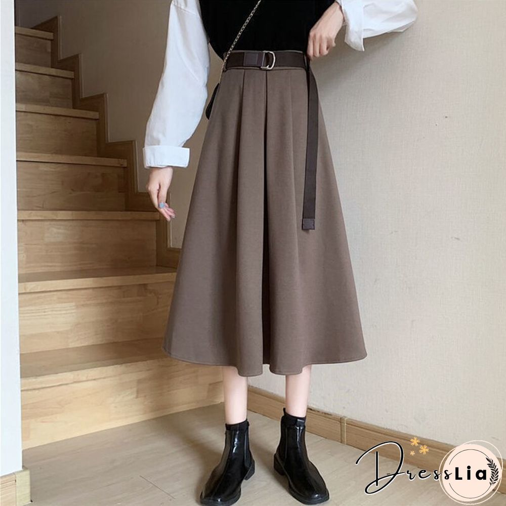 Solid Skirts Women Mid-calf High Waist Friends Korean Style Elegant College Spring Autumn All-match Jupe Mujer Faldas Female Ins