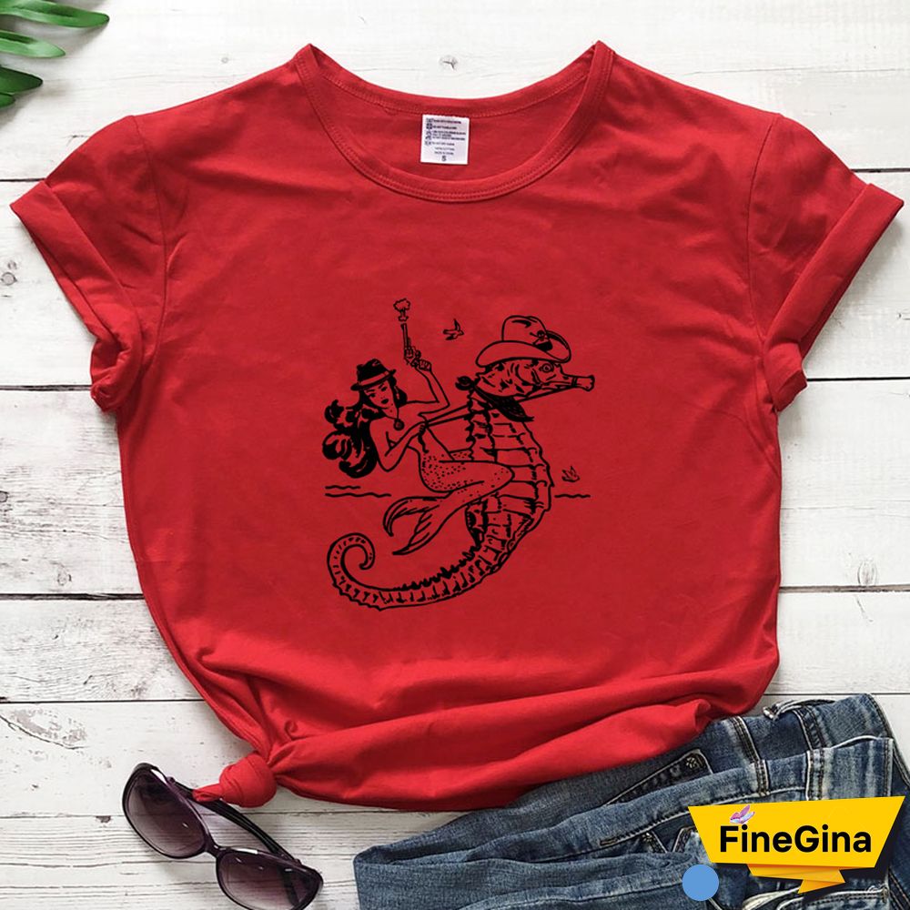 The Cowgirl Mermaid 100% Cotton T-shirt Aesthetic Sea-haw Rodeo Western Tshirt Funny Women Hipster Graphic Tee Shirt Top