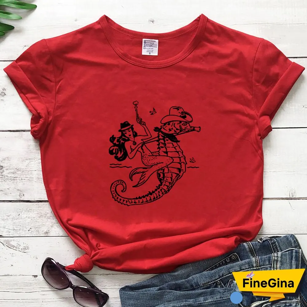 The Cowgirl Mermaid 100% Cotton T-shirt Aesthetic Sea-haw Rodeo Western Tshirt Funny Women Hipster Graphic Tee Shirt Top