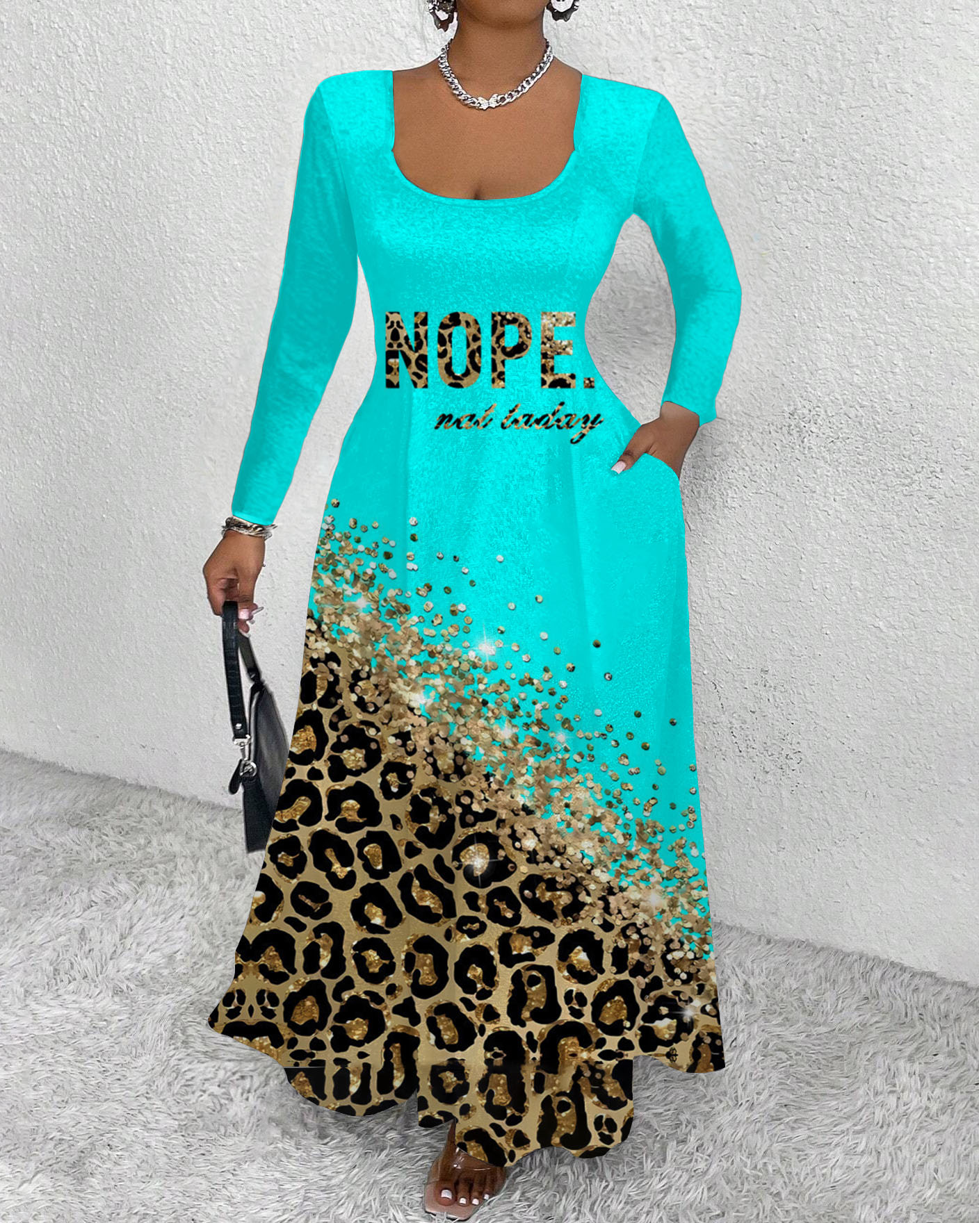 NOPE Not Today Leopard Sequins Round Neck Long Sleeve Maxi Dress