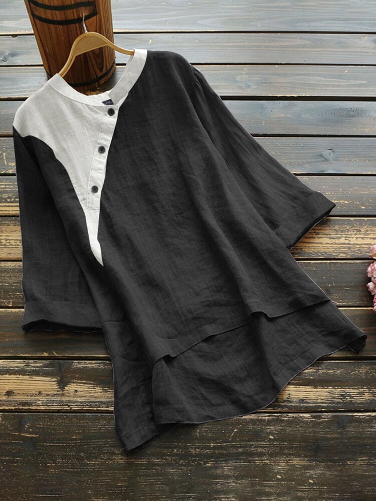 Two tone Buttons O neck Overhead Three Quarter Sleeve Shirt For Women P1699329