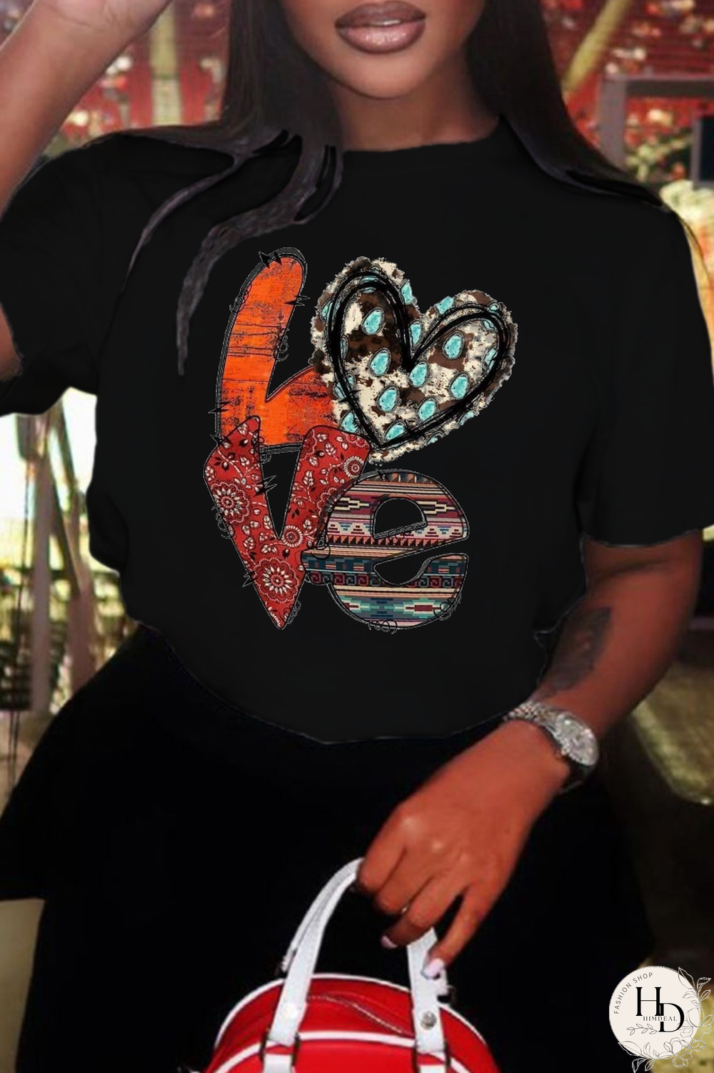 Black Casual Daily Print Patchwork Letter O Neck T-Shirts