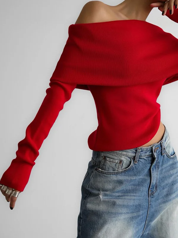 Off-Shoulder Knitted Top Slim Fit Solid Color Long Sleeve Pullover