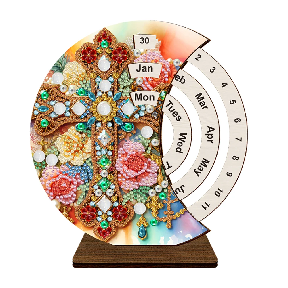 DIY Flower Cross Wooden Special Shaped Diamond Painting Moon Perpetual Calendar