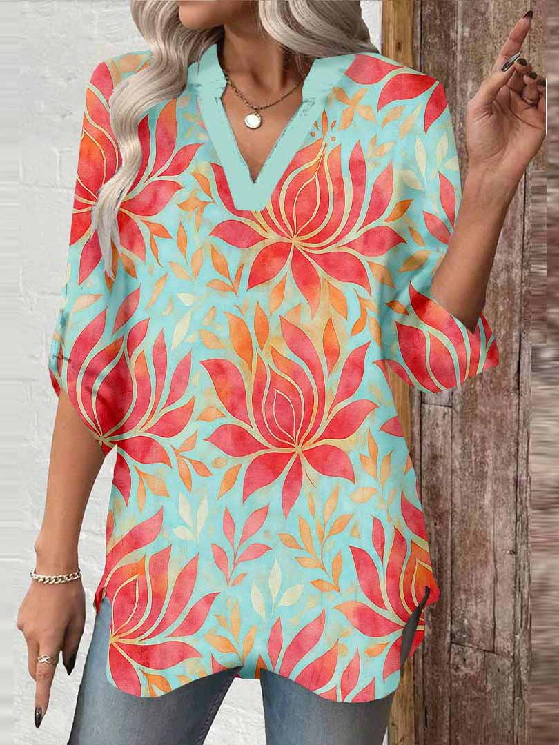 Women Tropical,Red,Green DZGA0265 3/4 Sleeve V-neck Printed Graphic Button Tops