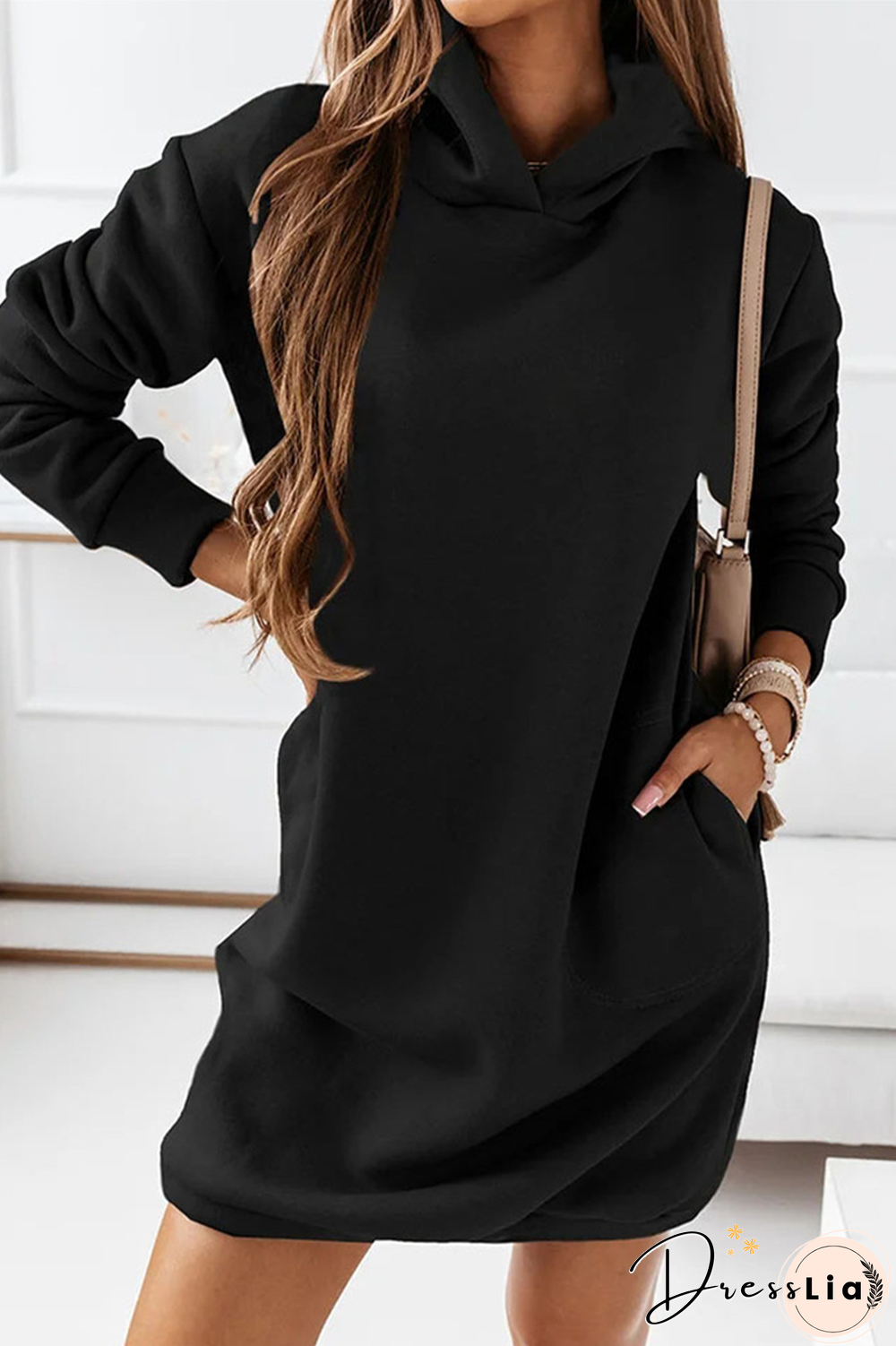 Casual Solid Patchwork Hooded Collar Straight Dresses(3 colors)