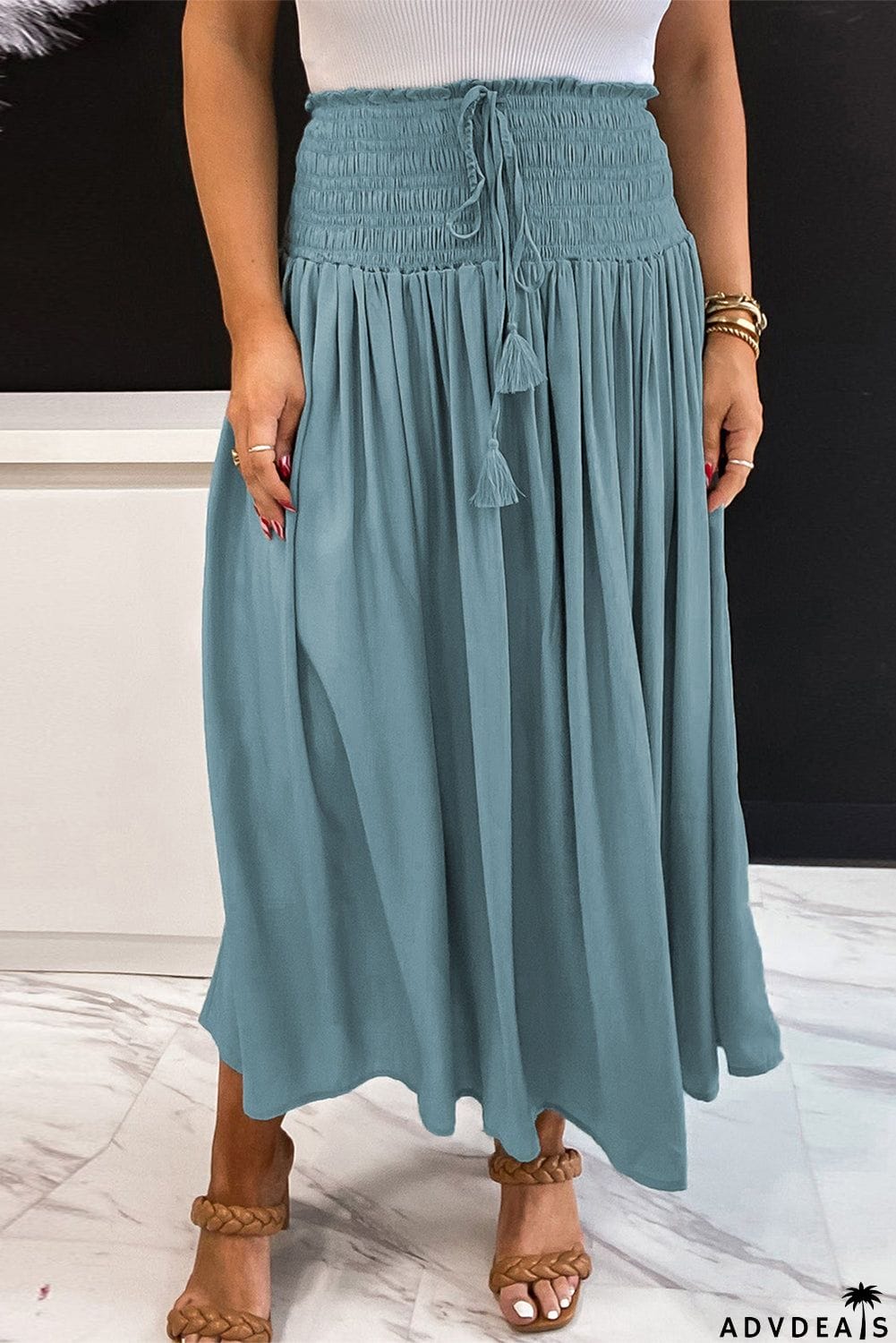 Drawstring Smocked High Waist A-line Skirt