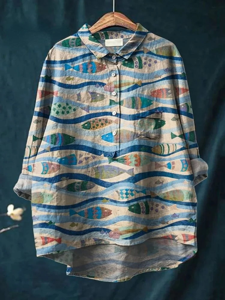 Vintage Lovely Fish Art Print Casual Cotton And Linen Shirt