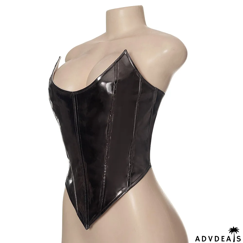 Women Summer Solid Color Sexy Sleeveless Backless Lace-Up PU-Leather Strapless Top