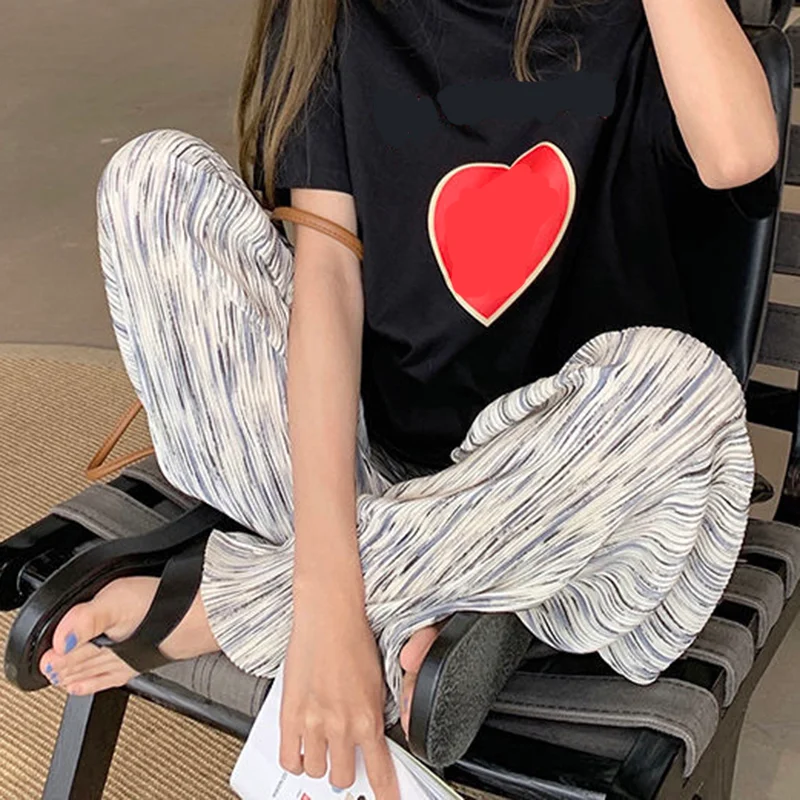 Churchf Summer Pleated Tie Dye Pants Women Korean Style Straight Wide Leg Trousers Woman High Waisted Streetwear Pants Feamle-Outfit Ideas