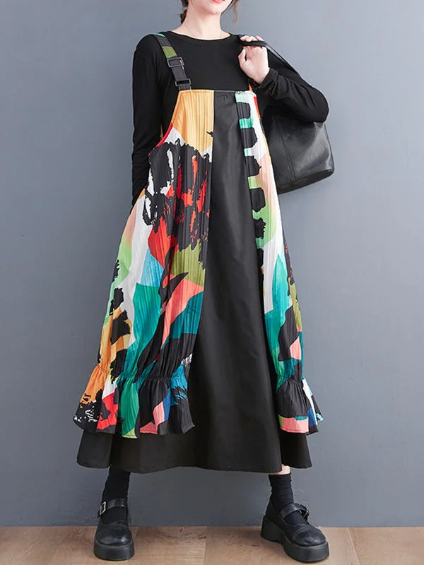Square Collar Colorful Printed Adjustable Pleated Sleeveless Midi Dress