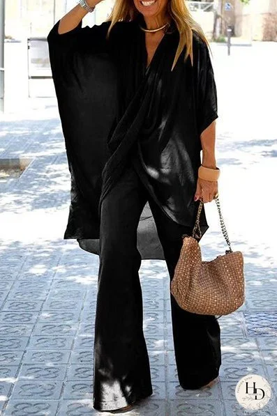 Solid Split Joint Fold Asymmetrical V Neck Half Sleeve Two Pieces