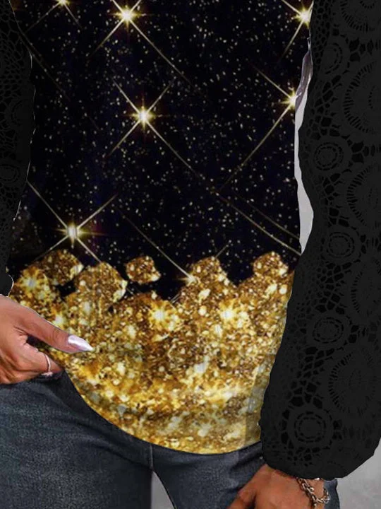 Women Long Sleeve V-neck Polka Dot Lace Tops