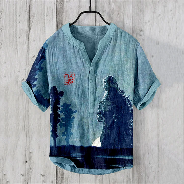 Vintage Godzilla Art Pattern Linen Blend Shirt