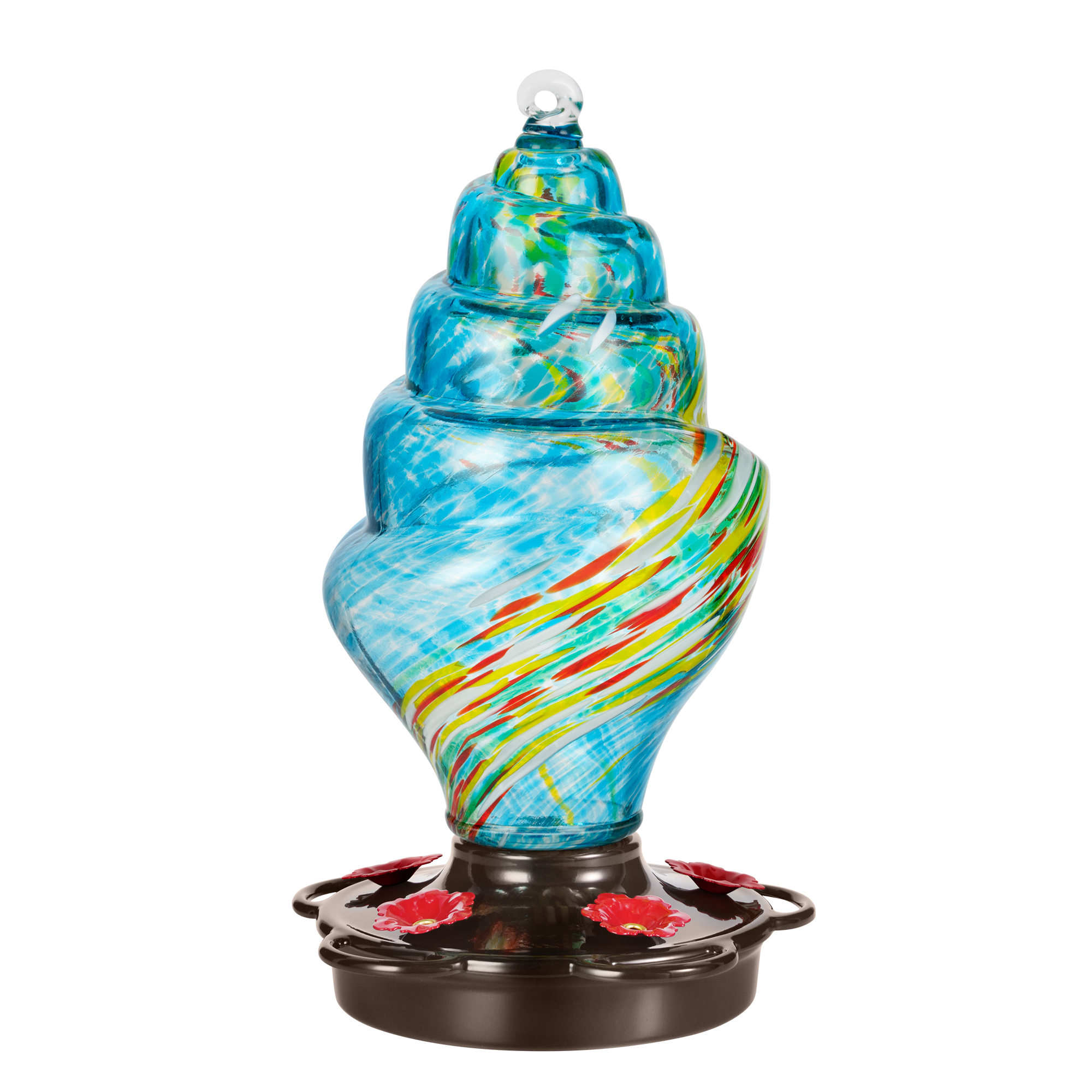 LUJOIN Spiral Shaped Hummingbird Feeder for Outdoors, Hand Blown Glass, 25 fl.oz, Leak Proof & Rustproof, Includes an Ant Moat, Metal Cover with 5 Feeding Ports & 5 Perches, Blue