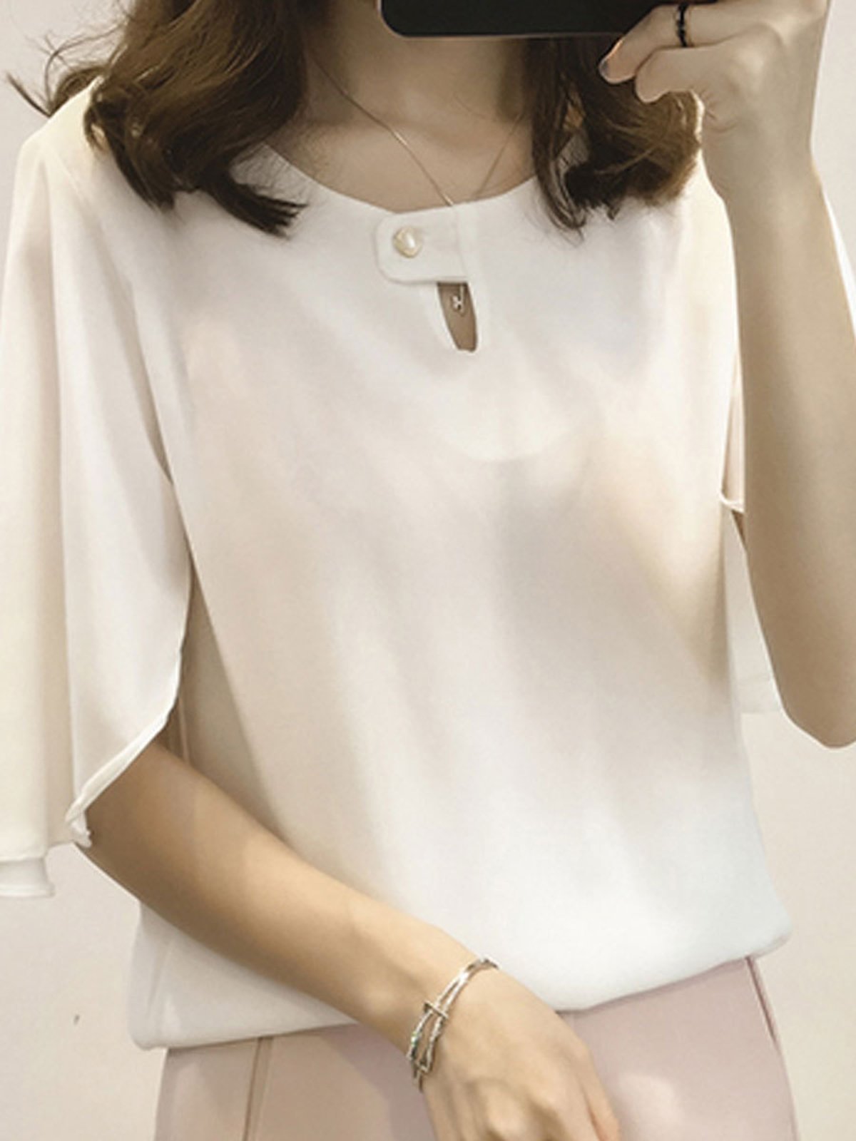 Crew Neck Short Sleeve Casual Plus Size Chiffon Blouse