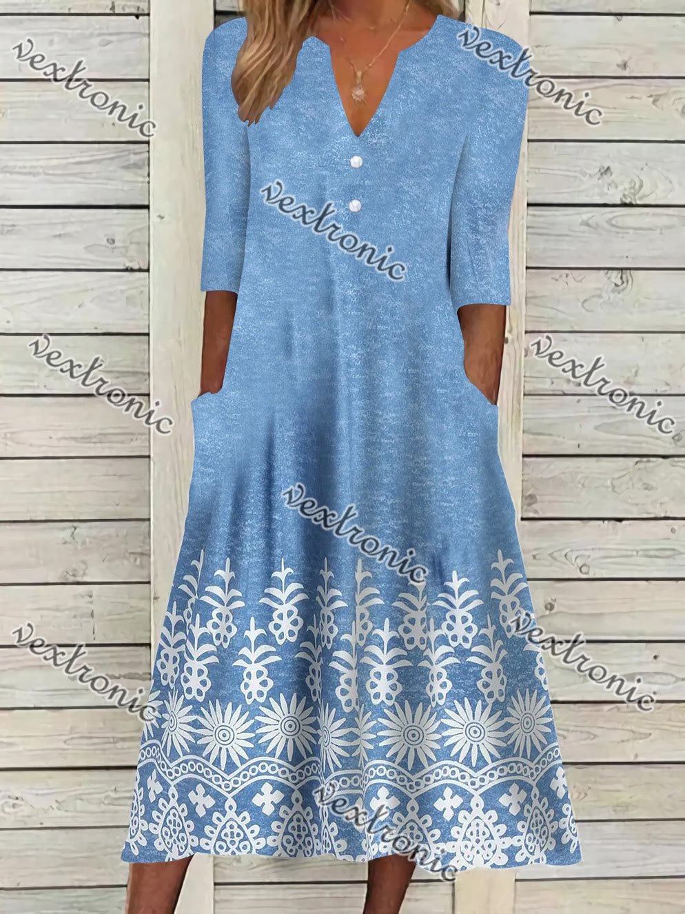 Women's Short Sleeve V-neck Blue Floral Printed Midi Dress