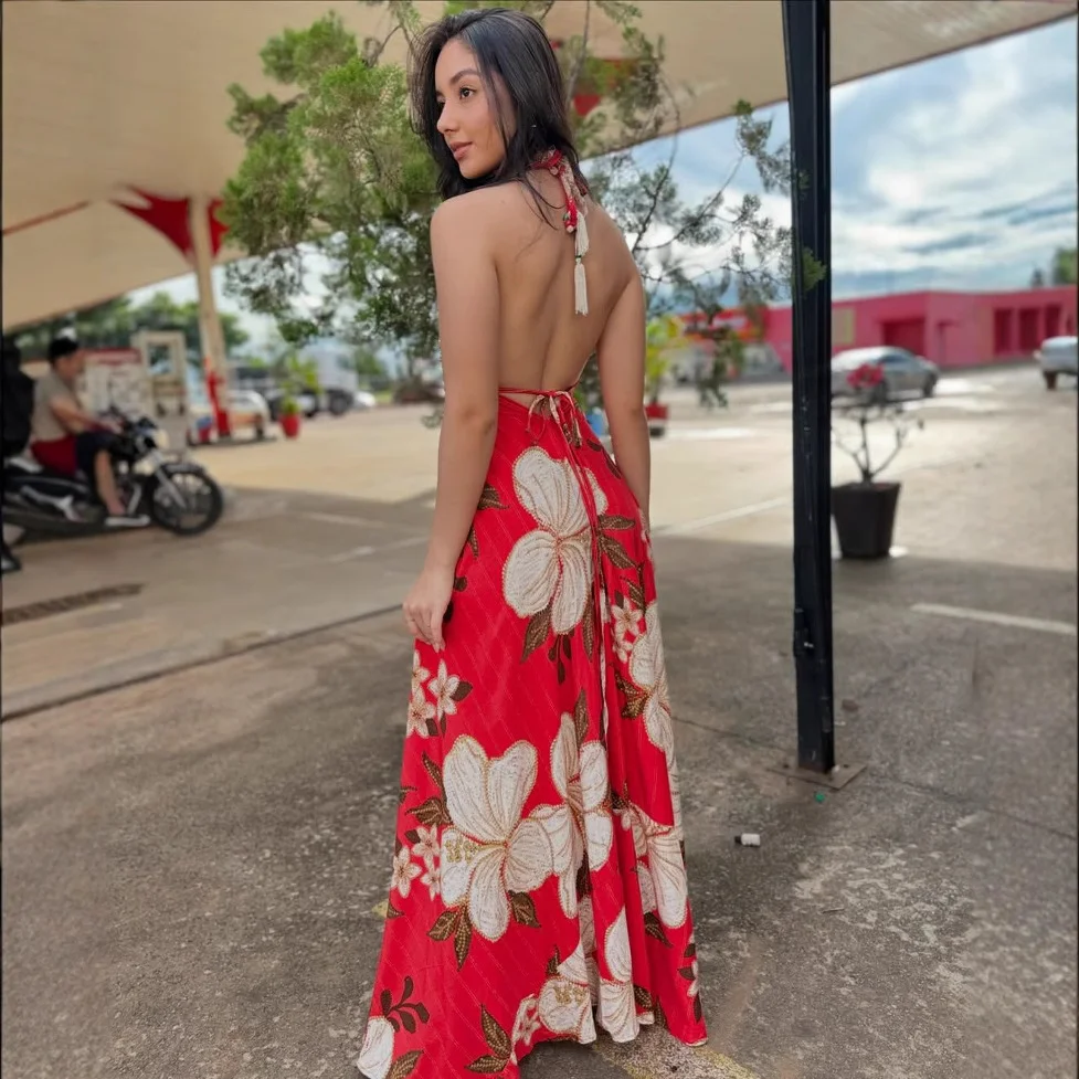 Uveng Uveng New Spring-Summer V-Necked Women's Sling Print Fairy Gas Long Temperament Dress Dress