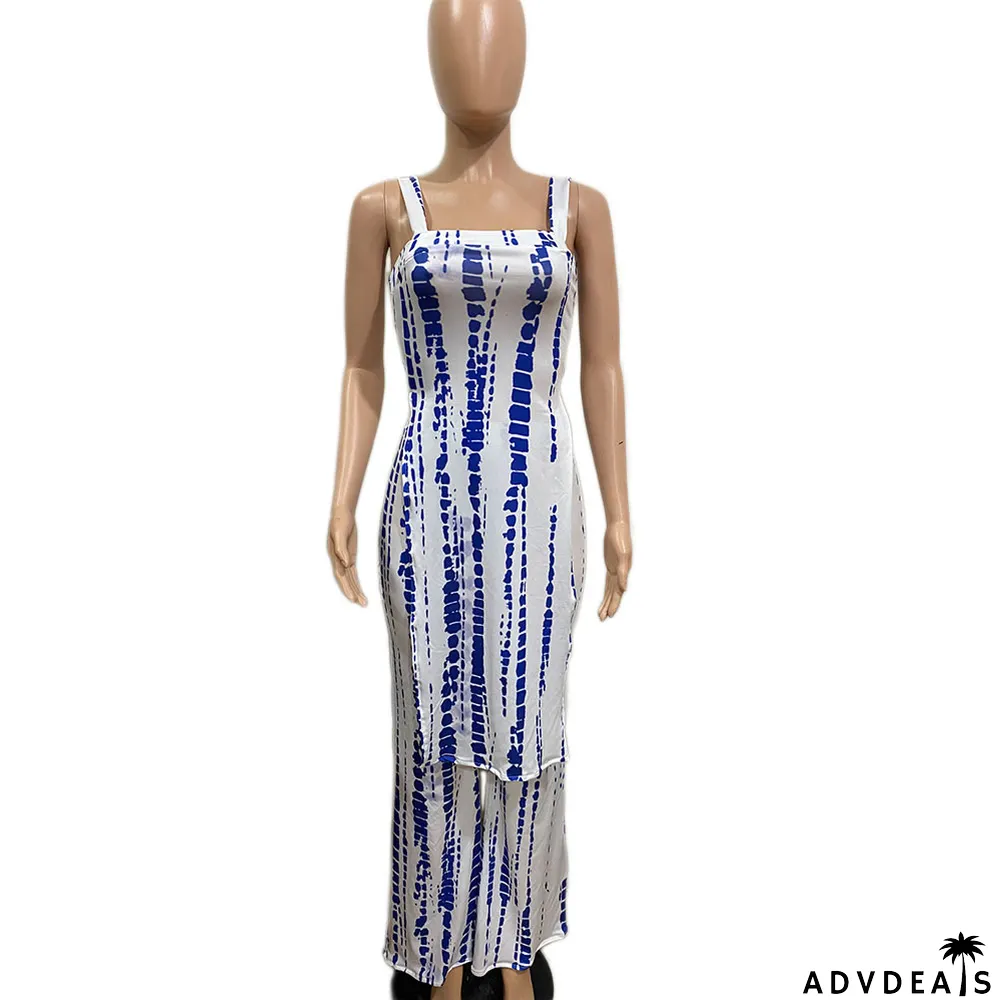 Casual Print Sling Split Top Pants Two Piece Set