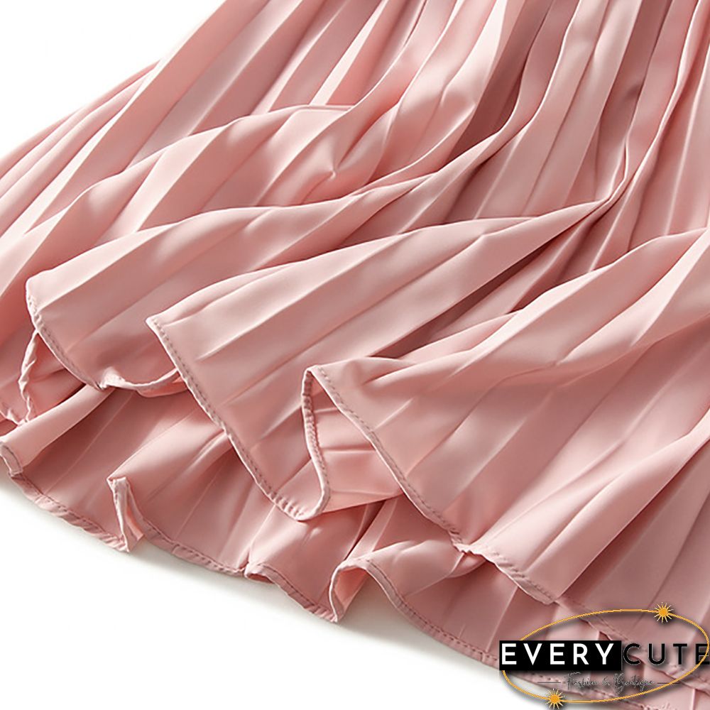 Pink Elastic Waist A-line Pleated Maxi Skirt