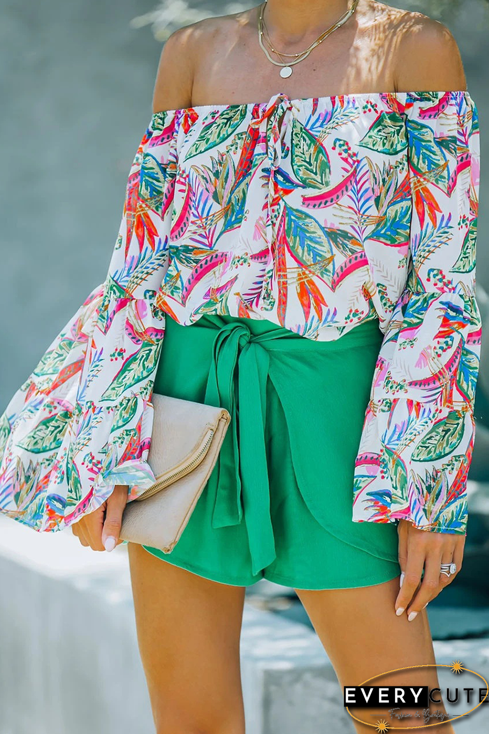 Elegant Print Frenulum Off the Shoulder Tops
