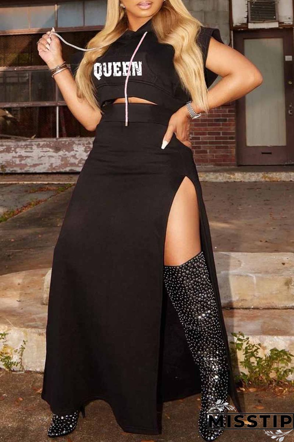 Black Fashion Casual Letter Print Slit Hooded Collar Two Pieces