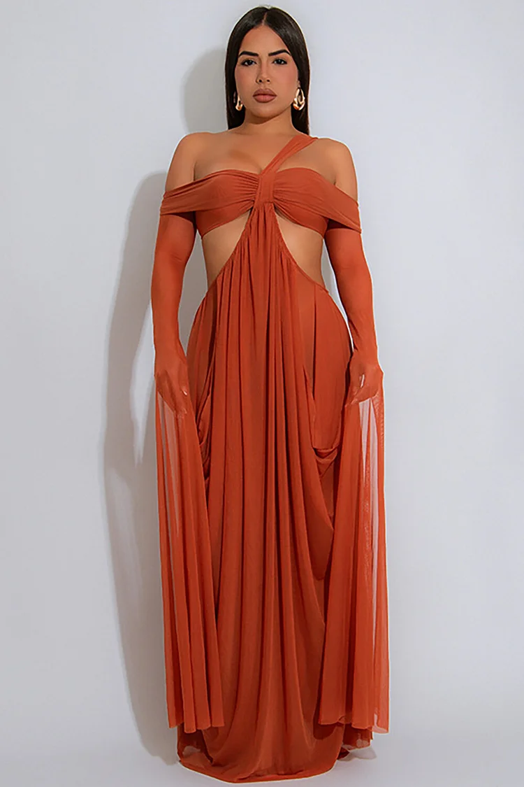 One Shoulder Sheer Long Flare Sleeve Cutout Mesh Maxi Dresses-Black