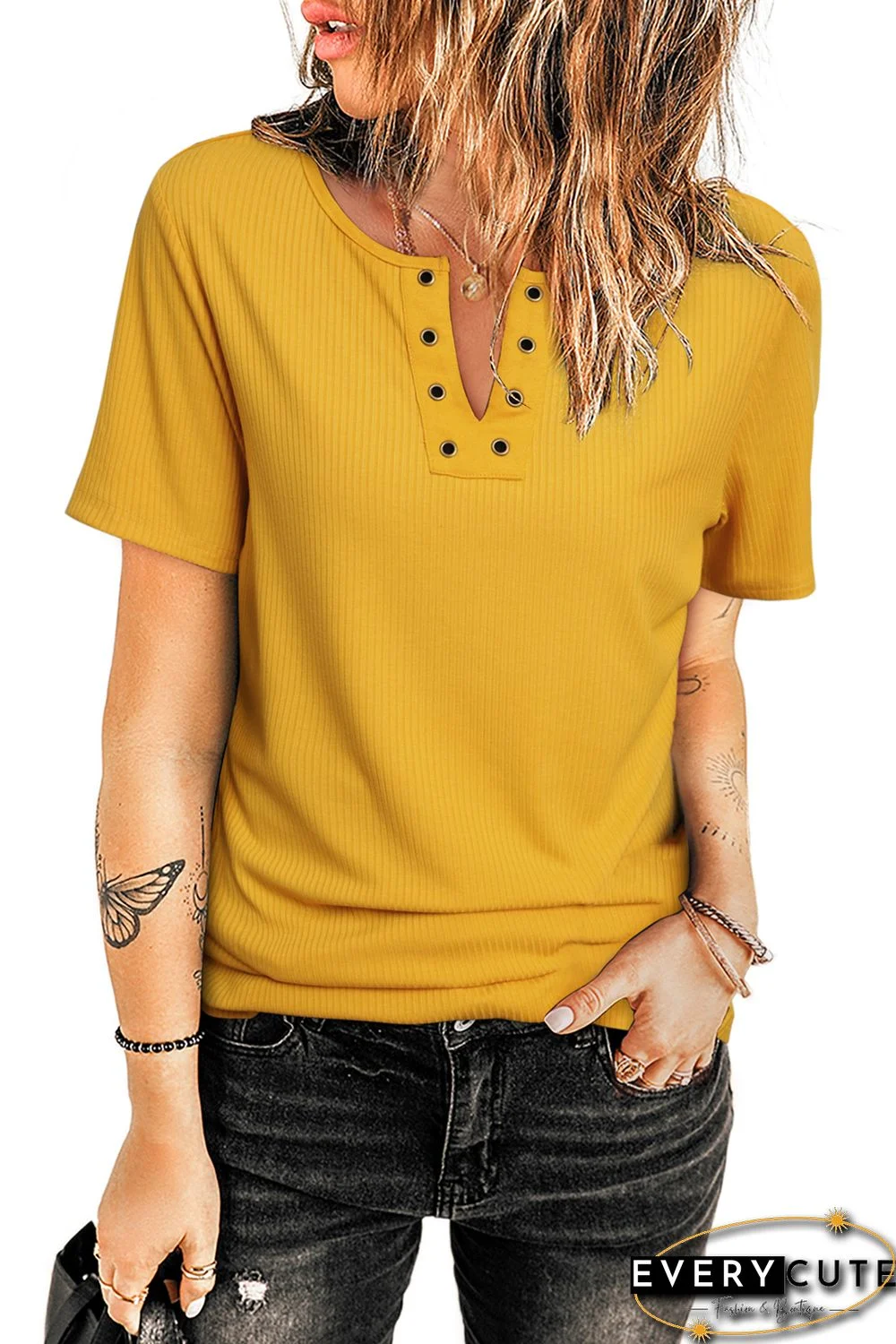 Yellow Ribbed Knit V Neck Short Sleeve Top