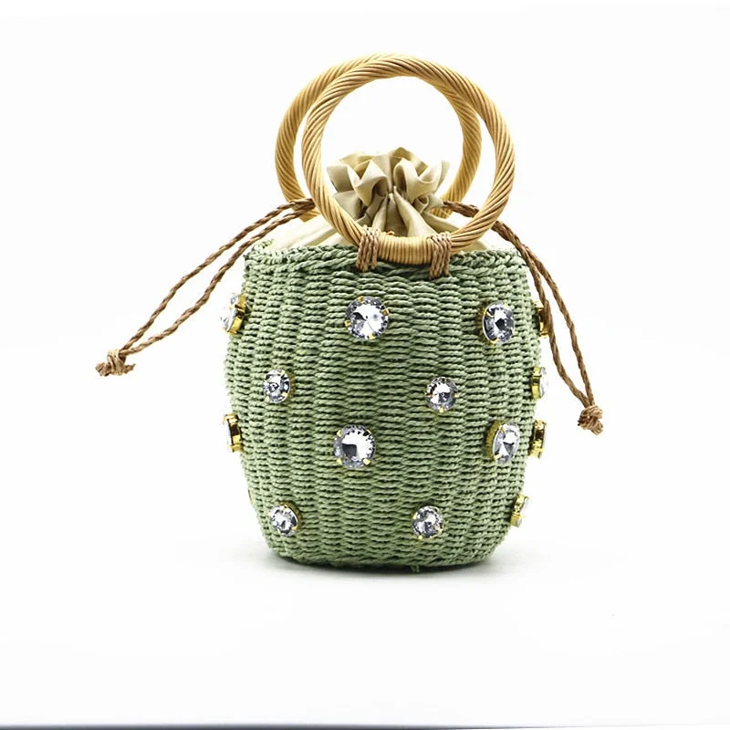 fashion flower pearls rattan buckets bag for women luxury design diamonds wicker woven handbags summer beach straw large tote