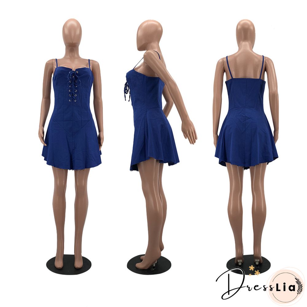 Women Sexy Solid Color Spaghetti Straps Eyelet Lace-Up Slim Fit Clubwear Denim A-Line Mini Dress