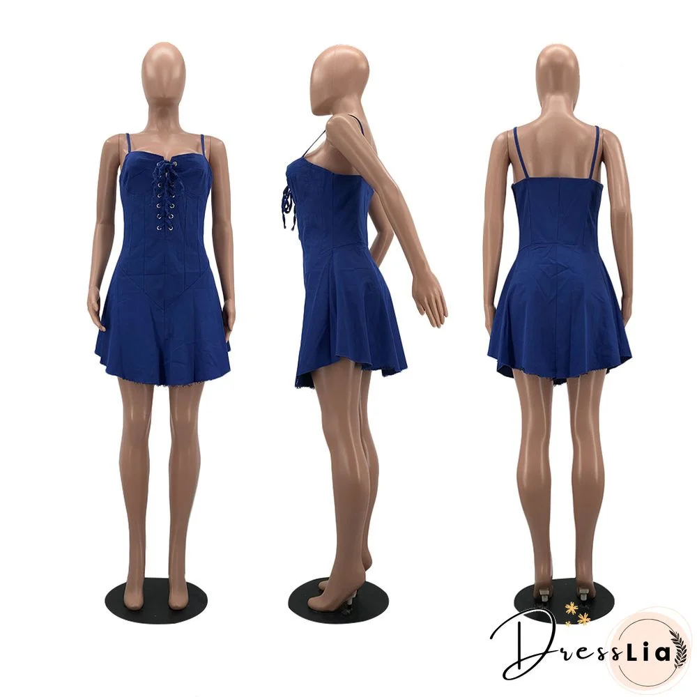 Women Sexy Solid Color Spaghetti Straps Eyelet Lace-Up Slim Fit Clubwear Denim A-Line Mini Dress