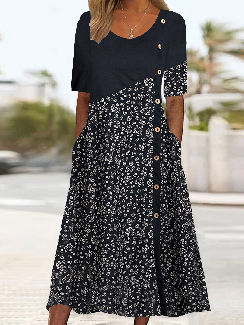 Women Half Sleeve V-neck Solid Color Dress