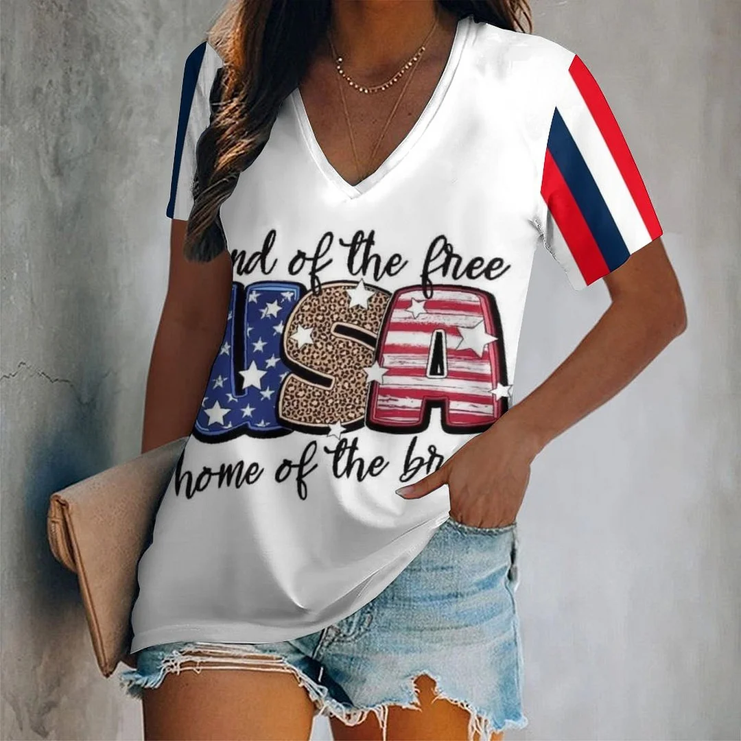V-neck Short Sleeve Casual T-shirt for  Women Printed with Pattern USA, Independence Day, Star, Striped, Blue, Red