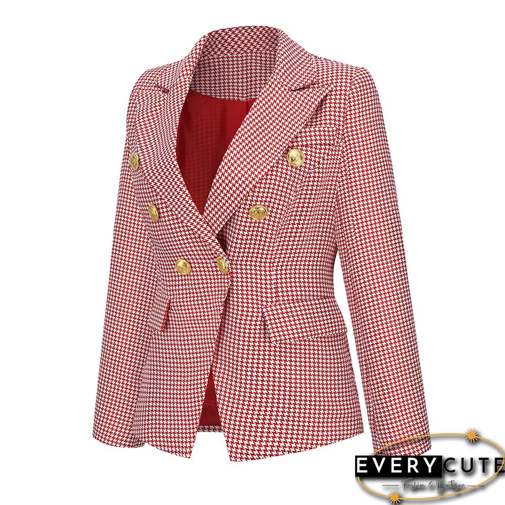 Red Double-breasted Houndstooth Blazer