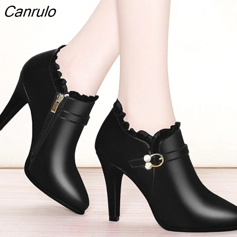 Canrulo autumn High Heels Ankle Boots Women Dress Shoes Lace Pointed Toe Botas classic Rhinestone Booties red Black Short boots
