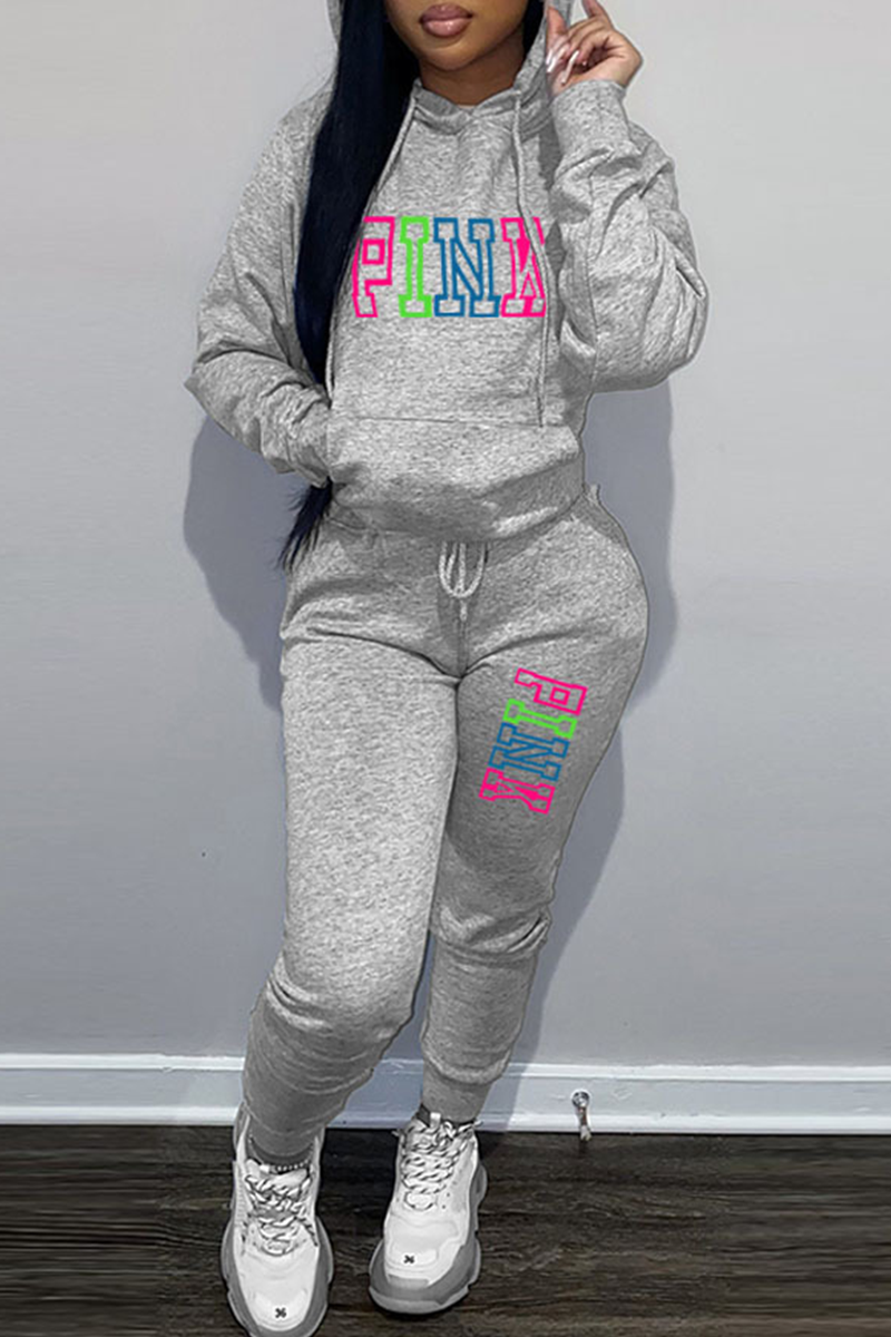 Grey Street Print Patchwork Hooded Collar Long Sleeve Two Pieces