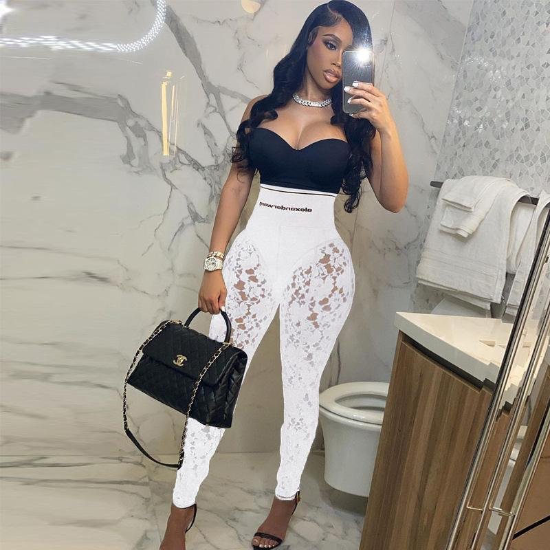 Stretchy see-through lace flower trousers pants-zachics