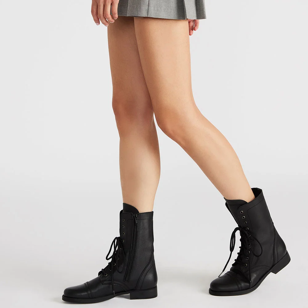 Black Vegan Leather Round Toe Flat Lace Up Ankle Boots for Women