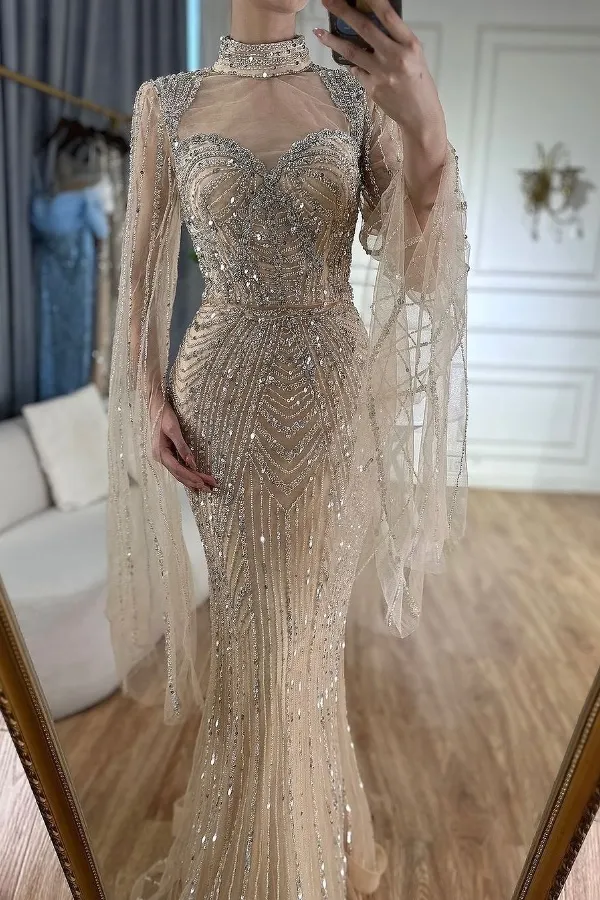  Luxurious High-Neck Sweetheart Mermaid Tulle Prom Dress | Champage Bead Embroidery ZT0189