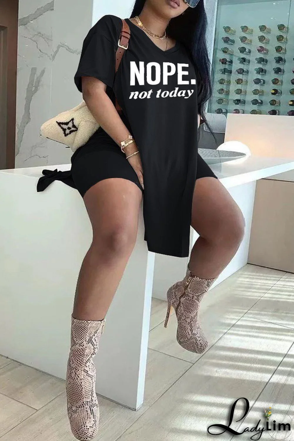 Blue Fashion Casual Letter Print Slit V Neck Plus Size Two Pieces