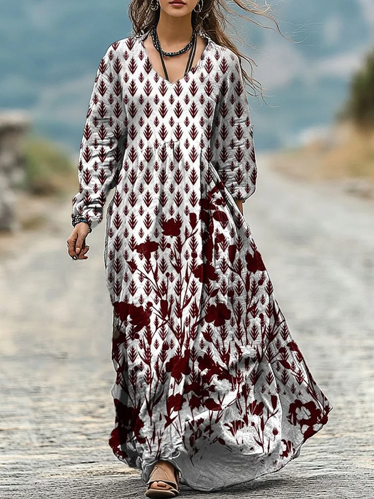 Women's  Retro Flower Print Pocket Cotton Dress