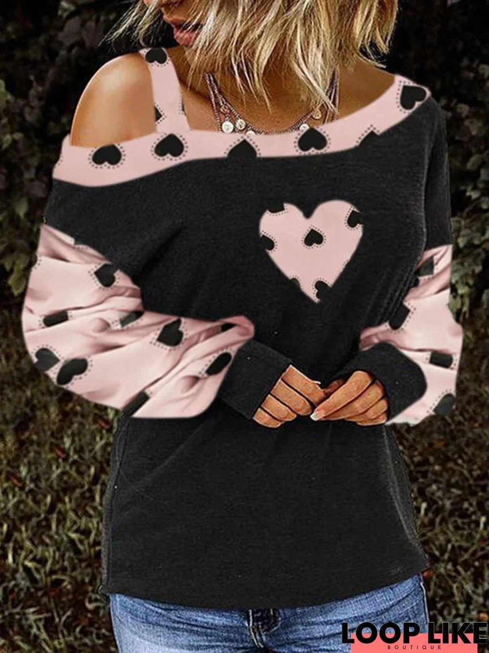 Cotton Casual Off  Shoulder Pink Leopard Heart Tops