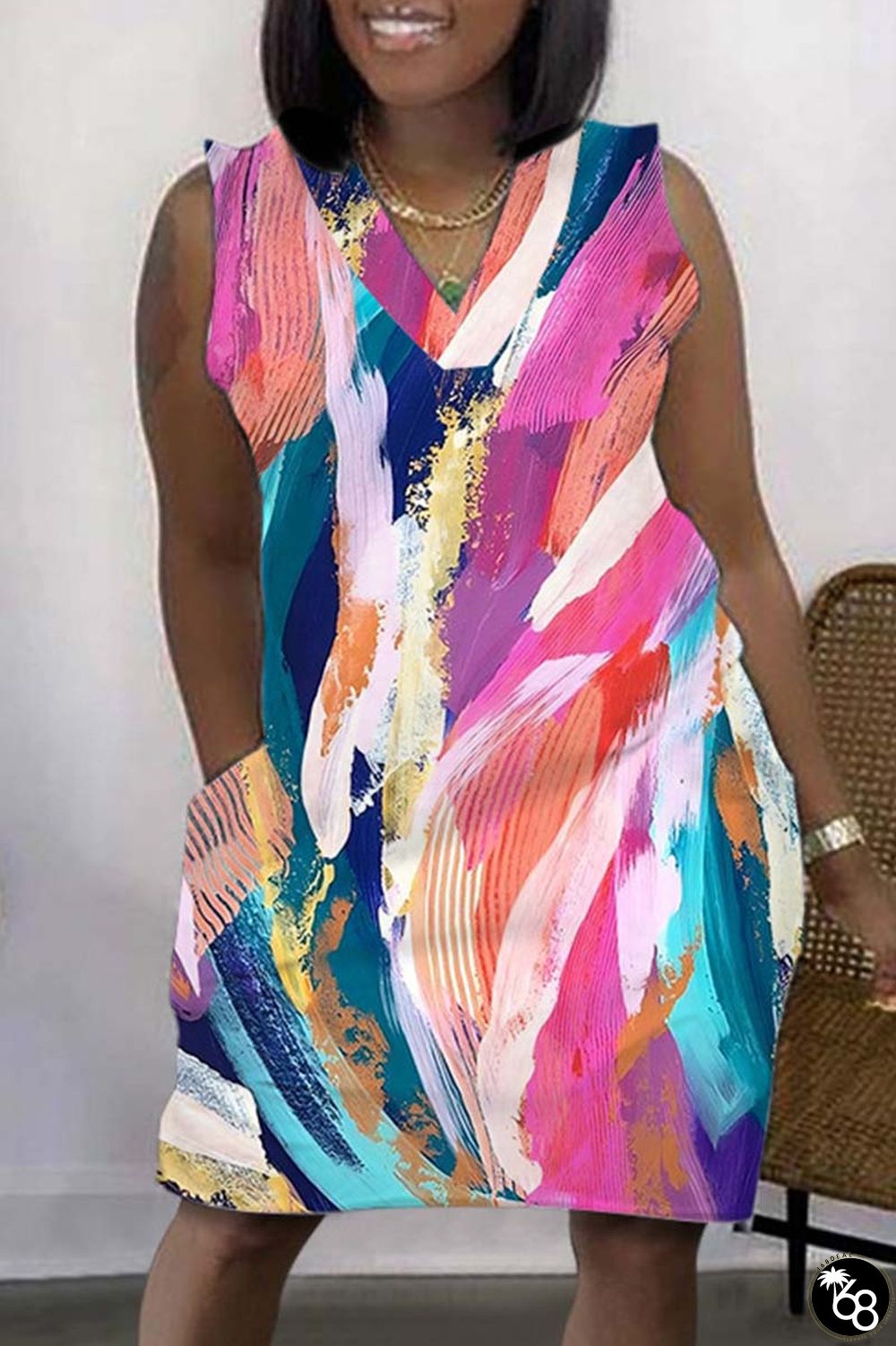 Pink Casual Print Basic V Neck Sleeveless Dress Dresses | 168DEAL